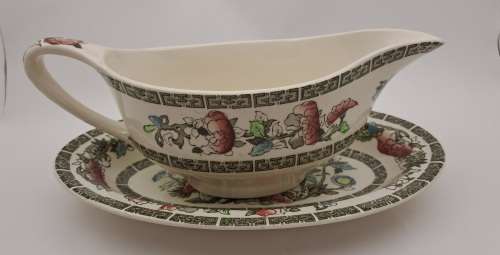 Vintage Johnson Bros `Indian Tree` Gravy Boat with saucer Hand Engraved Ironstone made in England