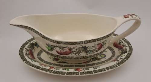 Vintage Johnson Bros `Indian Tree` Gravy Boat with saucer Hand Engraved Ironstone made in England