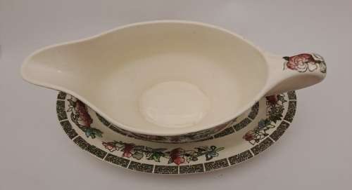 Vintage Johnson Bros `Indian Tree` Gravy Boat with saucer Hand Engraved Ironstone made in England
