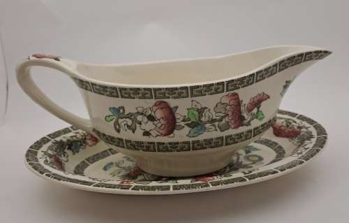 Vintage Johnson Bros `Indian Tree` Gravy Boat with saucer Hand Engraved Ironstone made in England