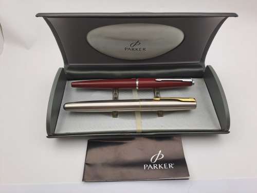 Vintage Maroon Parker Fountain Pen and Parker Frontier Rollerball in very nice parker case