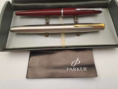 Vintage Maroon Parker Fountain Pen and Parker Frontier Rollerball in very nice parker case