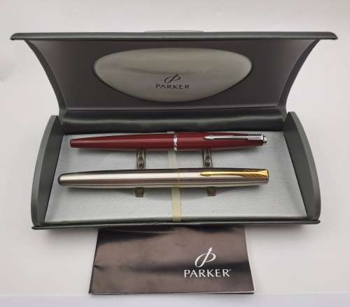 Vintage Maroon Parker Fountain Pen and Parker Frontier Rollerball in very nice parker case
