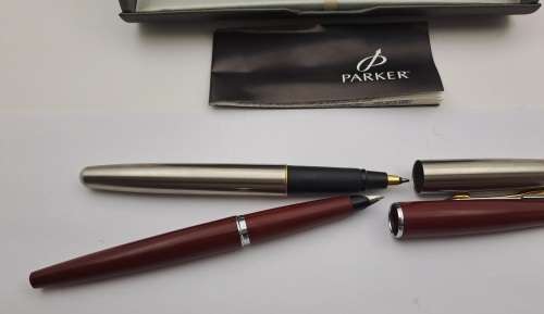 Vintage Maroon Parker Fountain Pen and Parker Frontier Rollerball in very nice parker case