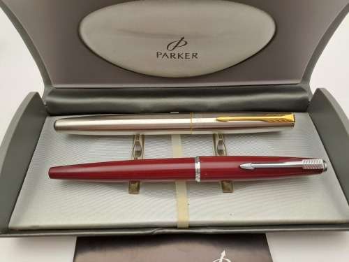 Vintage Maroon Parker Fountain Pen and Parker Frontier Rollerball in very nice parker case