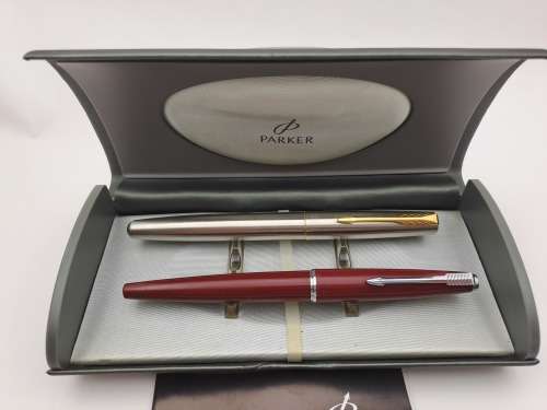 Vintage Maroon Parker Fountain Pen and Parker Frontier Rollerball in very nice parker case