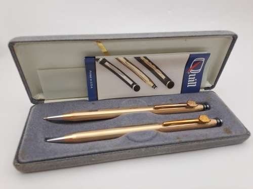 Vintage QUILL 1/20 14KT Gold filled pen and Pencil set in Case -USA- Standard bank Branded