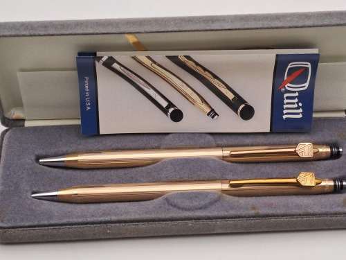 Vintage QUILL 1/20 14KT Gold filled pen and Pencil set in Case -USA- Standard bank Branded
