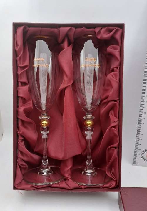 a Pair of Beautiful Large `Happy Anniversary` Champagne glasses (Boxed) 220mm