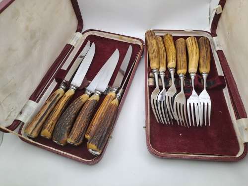 12pc Vintage `Lasher` Taylor`s Eye Witness Sheffield England Cutlery set with Antler Handles-Boxed