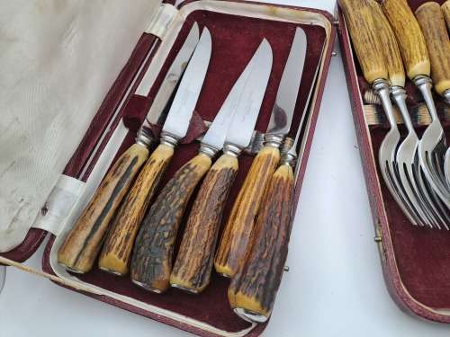 12pc Vintage `Lasher` Taylor`s Eye Witness Sheffield England Cutlery set with Antler Handles-Boxed