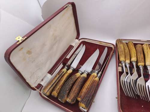 12pc Vintage `Lasher` Taylor`s Eye Witness Sheffield England Cutlery set with Antler Handles-Boxed