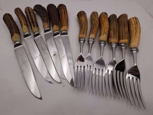 12pc Vintage `Lasher` Taylor`s Eye Witness Sheffield England Cutlery set with Antler Handles-Boxed