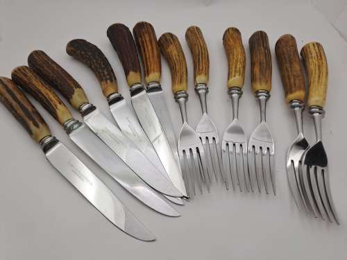 12pc Vintage `Lasher` Taylor`s Eye Witness Sheffield England Cutlery set with Antler Handles-Boxed
