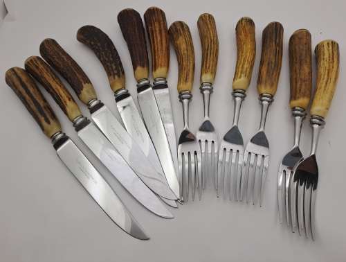 12pc Vintage `Lasher` Taylor`s Eye Witness Sheffield England Cutlery set with Antler Handles-Boxed