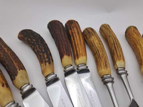 12pc Vintage `Lasher` Taylor`s Eye Witness Sheffield England Cutlery set with Antler Handles-Boxed