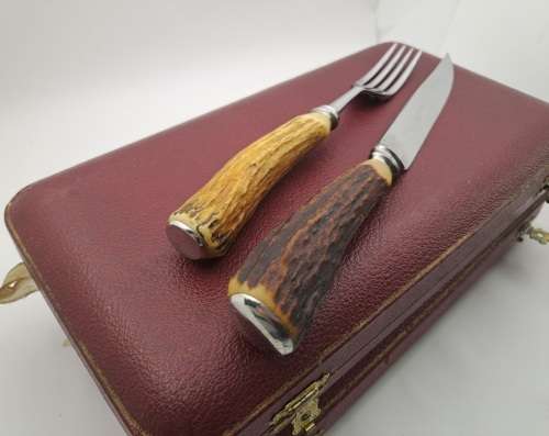 12pc Vintage `Lasher` Taylor`s Eye Witness Sheffield England Cutlery set with Antler Handles-Boxed