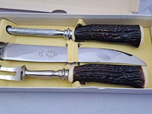 Antique horn handled three piece carving set in original box-Sheffield England