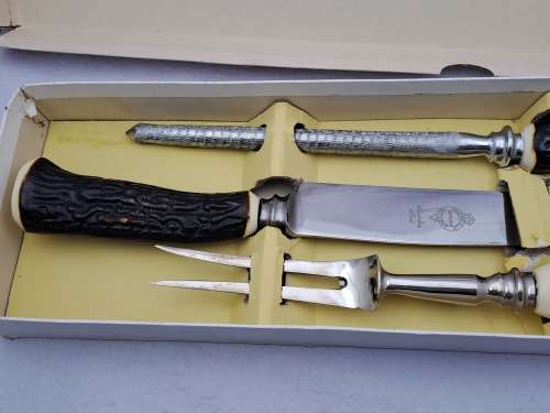 Antique horn handled three piece carving set in original box-Sheffield England