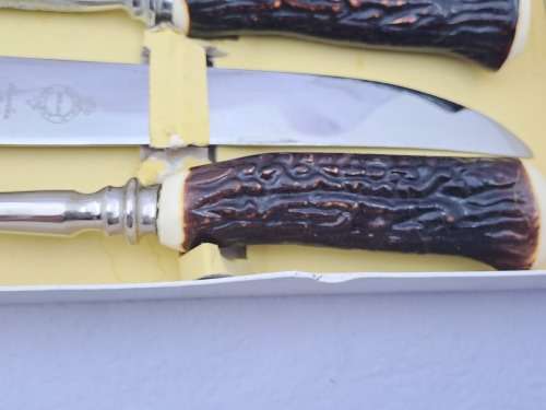 Antique horn handled three piece carving set in original box-Sheffield England