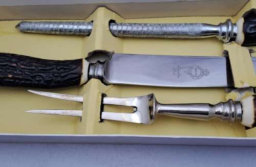 Antique horn handled three piece carving set in original box-Sheffield England