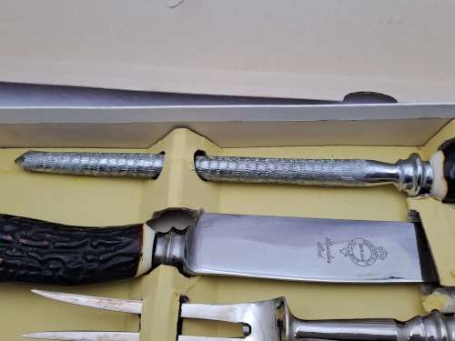 Antique horn handled three piece carving set in original box-Sheffield England