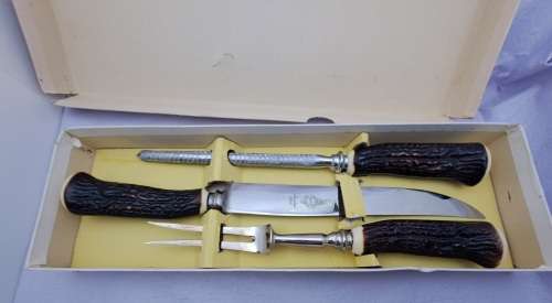 Antique horn handled three piece carving set in original box-Sheffield England