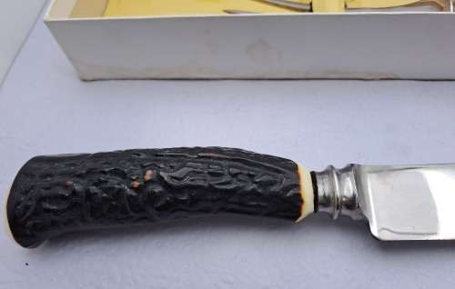 Antique horn handled three piece carving set in original box-Sheffield England