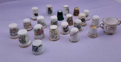 Lot of 22 Items - 21 Vintage Thimbles -plus 1 Miniature Cup (Doulton, spode etc. )