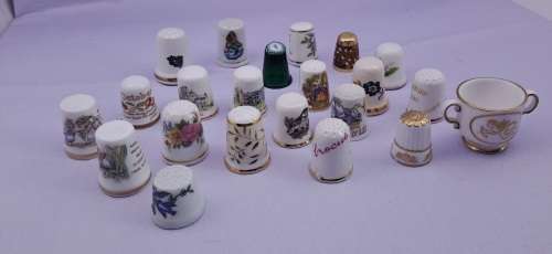Lot of 22 Items - 21 Vintage Thimbles -plus 1 Miniature Cup (Doulton, spode etc. )