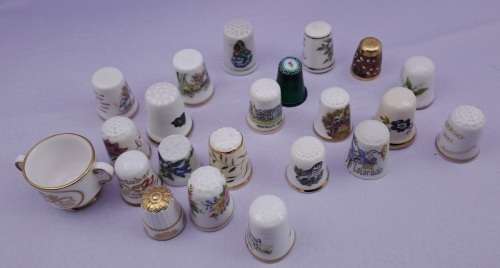 Lot of 22 Items - 21 Vintage Thimbles -plus 1 Miniature Cup (Doulton, spode etc. )