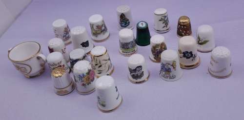 Lot of 22 Items - 21 Vintage Thimbles -plus 1 Miniature Cup (Doulton, spode etc. )