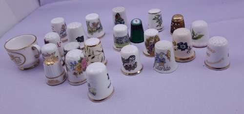 Lot of 22 Items - 21 Vintage Thimbles -plus 1 Miniature Cup (Doulton, spode etc. )