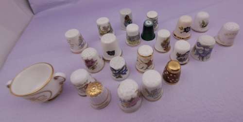 Lot of 22 Items - 21 Vintage Thimbles -plus 1 Miniature Cup (Doulton, spode etc. )