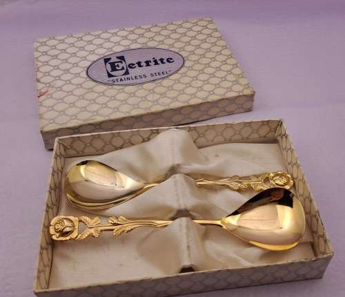 Vintage 2 EETRITE BRABER Gold Plated tea spoons in Box 10cm