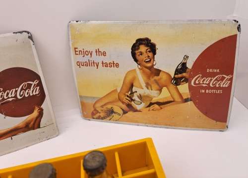 4 Vintage Coca Cola Items. Miniture Crate with 7 Coke bottles, 2 Metal Postcards and note Tin