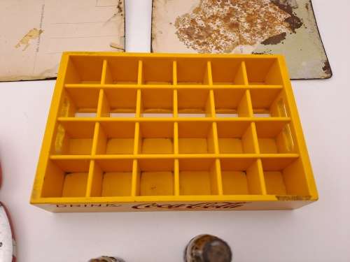 4 Vintage Coca Cola Items. Miniture Crate with 7 Coke bottles, 2 Metal Postcards and note Tin