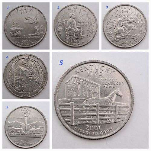6 x USA Washington ¼ Dollars-Florida-Alabama-Nevada-Missouri-Kentucky-Utah