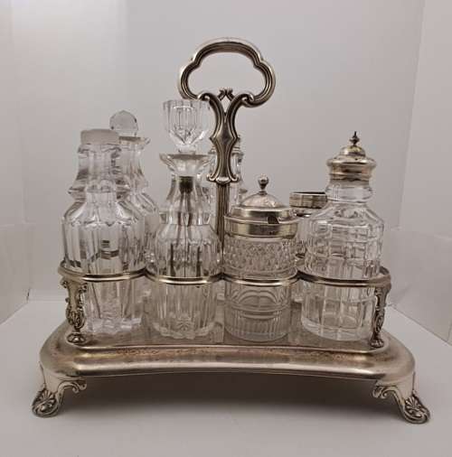 Antique Cruet Set with Hallmarked Sterling Silver Lids -see condition