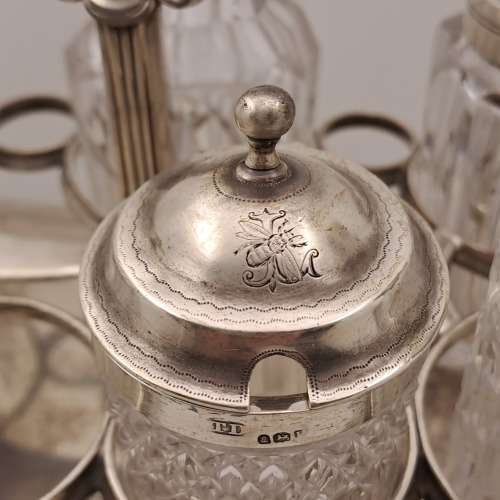 Antique Cruet Set with Hallmarked Sterling Silver Lids -see condition