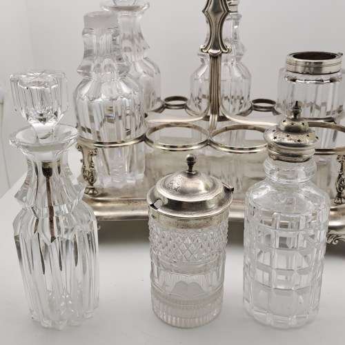 Antique Cruet Set with Hallmarked Sterling Silver Lids -see condition