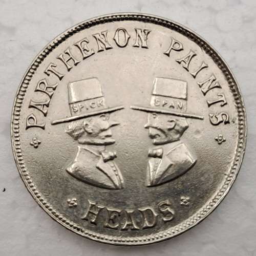 Vintage Parthenon Spick and Span paint products Heads and Tails Tossing coin