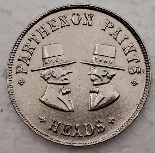 Vintage Parthenon Spick and Span paint products Heads and Tails Tossing coin