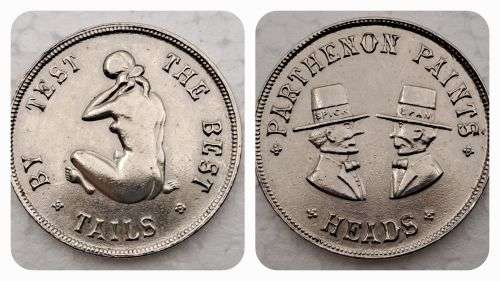 Vintage Parthenon Spick and Span paint products Heads and Tails Tossing coin