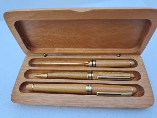Wood Pen Set- Ballpoint Pen, Fountain Pen with Iridium Point Germany and letter opener in Case