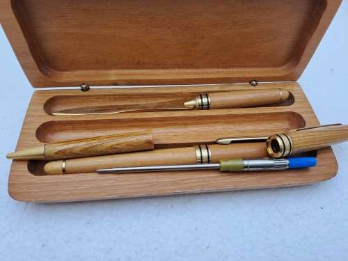 Wood Pen Set- Ballpoint Pen, Fountain Pen with Iridium Point Germany and letter opener in Case