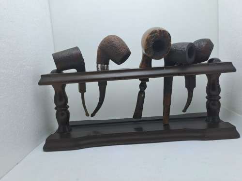5 Used Vintage smoking Pipes with wooden stand-1 Antique Petersons System Pipe with sterling silver