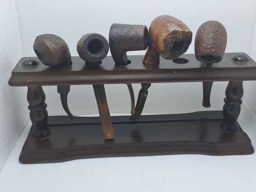5 Used Vintage smoking Pipes with wooden stand-1 Antique Petersons System Pipe with sterling silver