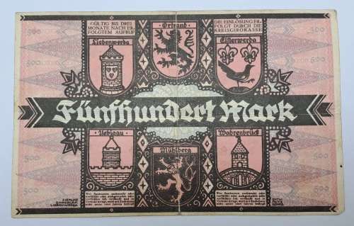 1922 Germany 500 Mark  German notgeld  Liebenwerda/Stadt Note-Emergency Money