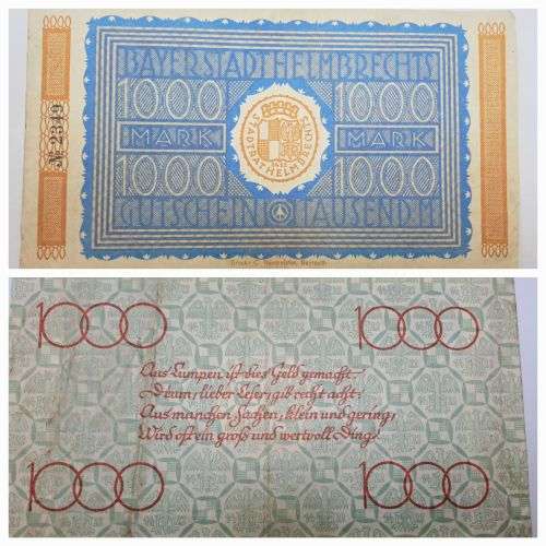 Rare Helmbrechts 1000 Mark o. Jahr Bayern, Gutschein,Stadt (Notgeld)